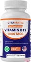 ויטמין Vitamatic B12 1000 mcg Fast Dissolve - 365 טבליות - ברי טבע - תמיכה באנרגיה מטאבוליזם ו- Nervous System Health
