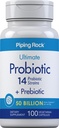 Piping Rock Probiotic and Prebiotic for Women and Men | 50 מיליארד CFU | 100 קפסולות | Ultimate 14 Strain Supplement