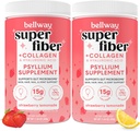 Bellway Super סיבים אבקה + Collagen (2 Pack), אבקת סוכר חינם Psyllium Husk עם Collagen Peptides for Gut Health, Skin, Nails, Bones & Joints, Strawberry Lemonade (22.92 oz)